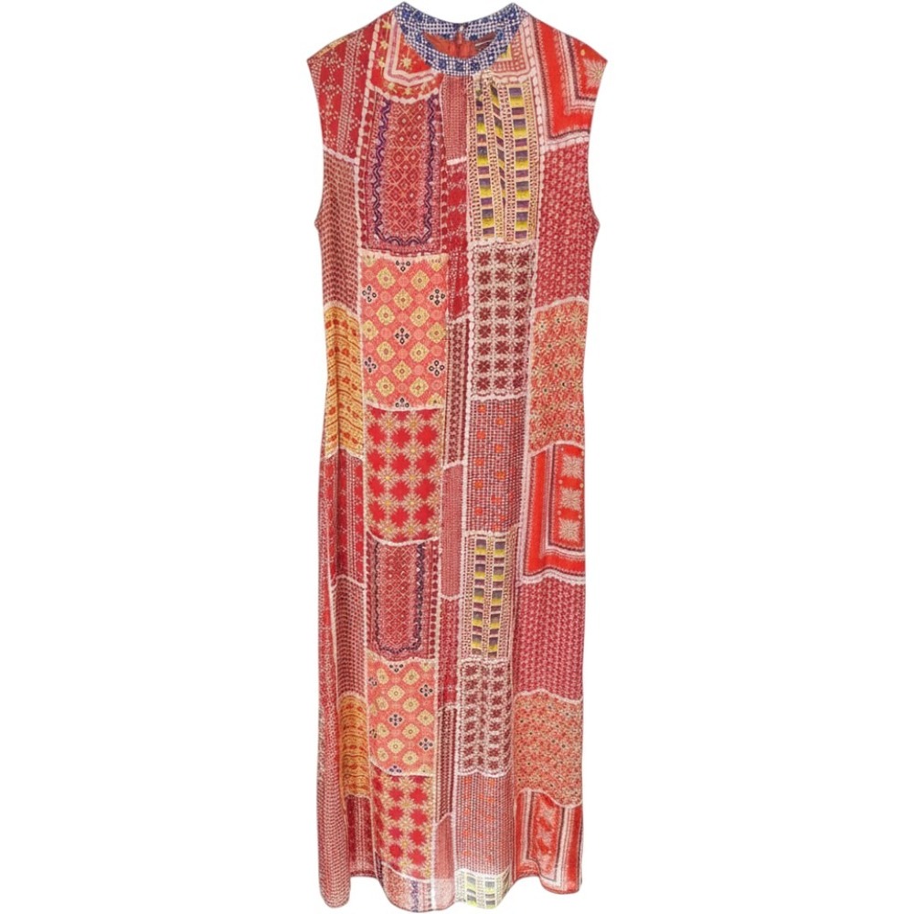 Anthropologie Patchwork Beaded Embroidered Boho Maxi Dress Small NEW Red Chiffon
